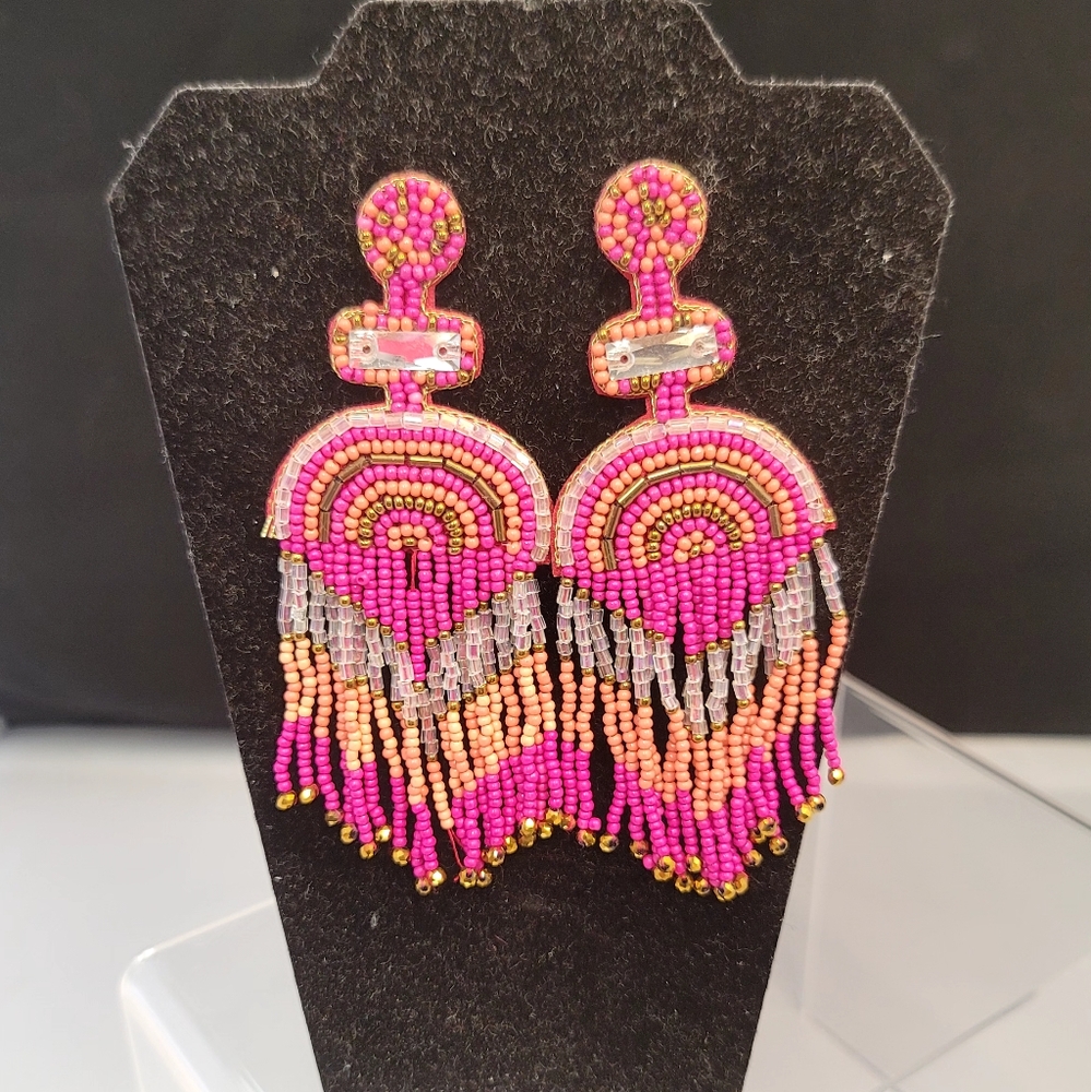 Pink and Gold Beaded Fringe Earrings